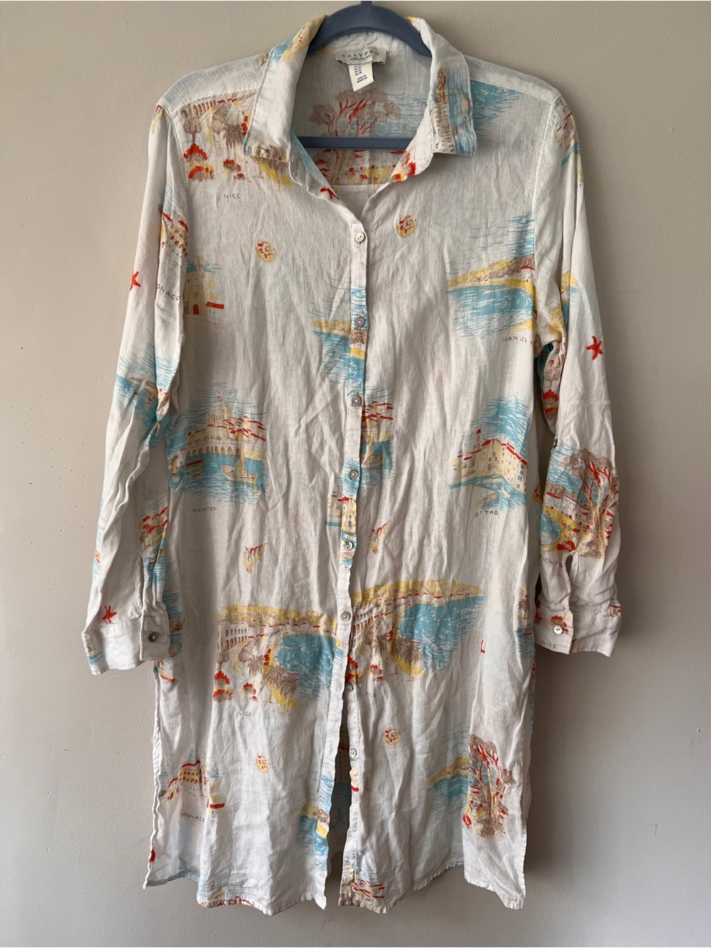 Calypso St. Barth White Long-Sleeve Coastal Print Shirt Dress